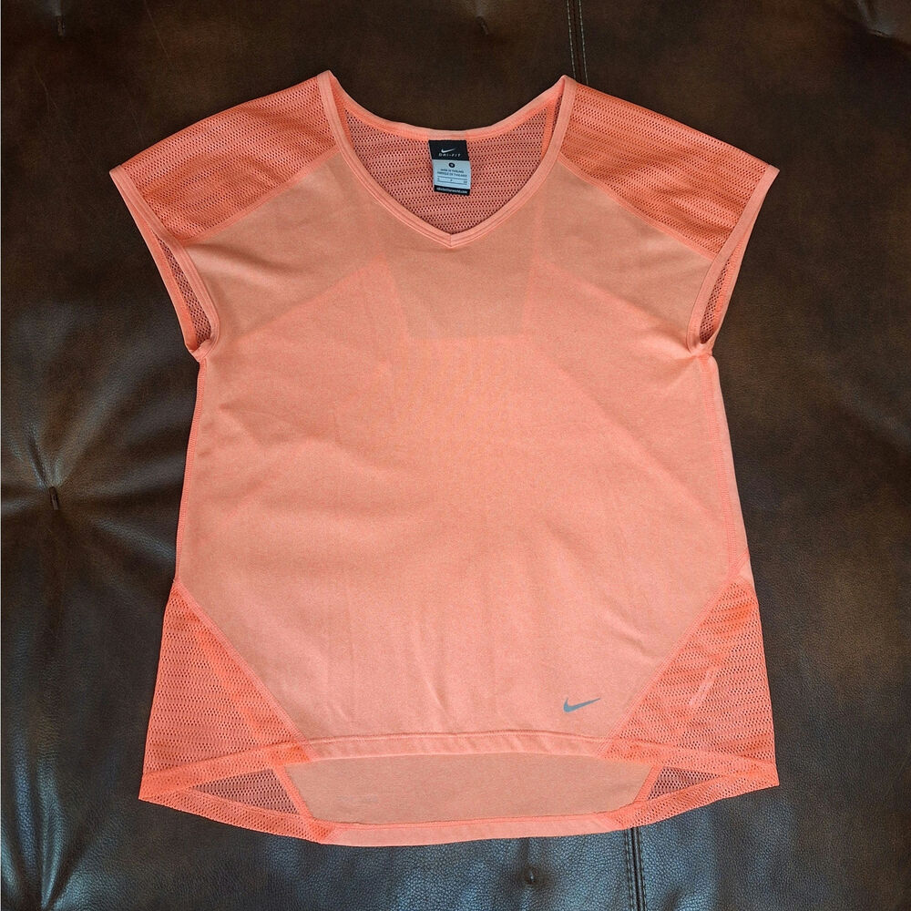 Nike Dri-FIT Womens Small Orange Mesh Panel Running Activewear Shirt Top EUC - S